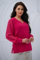 Elegancka bluzka damska z szyfonowym długim rękawem dekolt V mankiety z guzikiem - fuksja